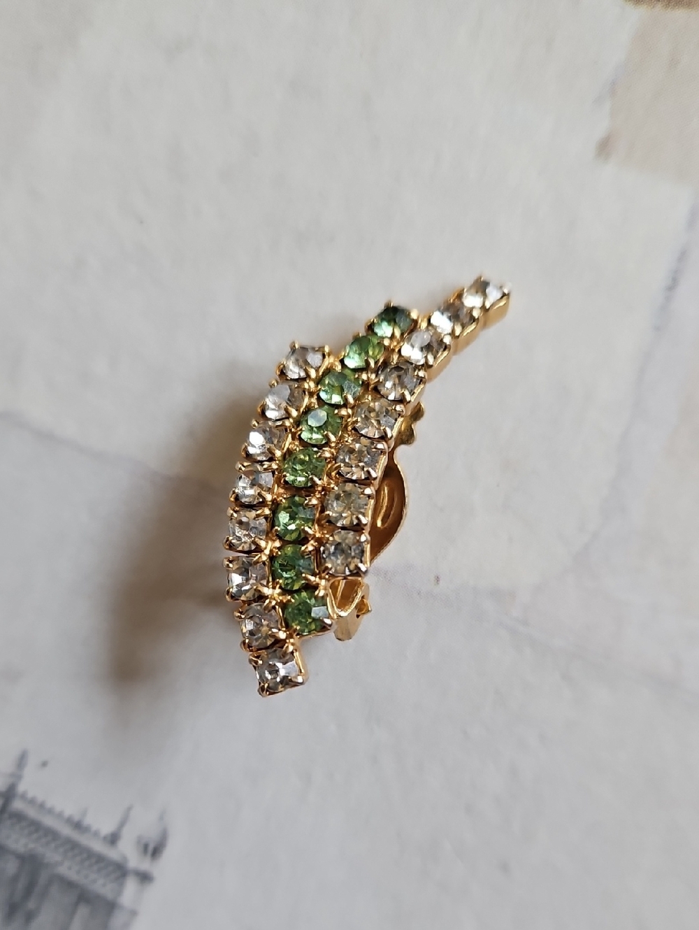 Green and clear prong set rhinestone 3 rows gold tone Clip Earrings Vintage - Picture 4 of 5
